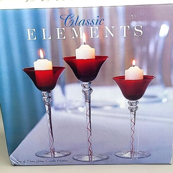 Classic Elements Set of Three Glass Red Candle Holders, NIB - Picture 1 of 6